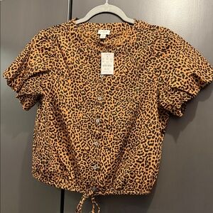 J. Crew Leopard-Print Button Front Puff Sleeve Top in Brown and Black